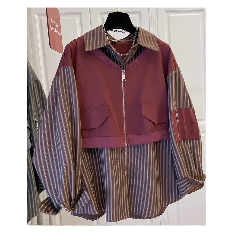SuperAen Vest Splicing Striped Shirt Women's Clothing Autumn Retro Fake Two-piece Loose Shirt Tops