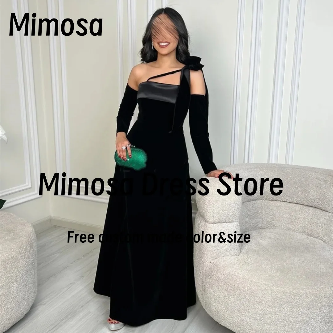 

Mimosa Black Velour Prom Dresses Modern One Shoulder Long Sleeves Birthday Party Dress Saudi Arabia Evening Gowns Customized