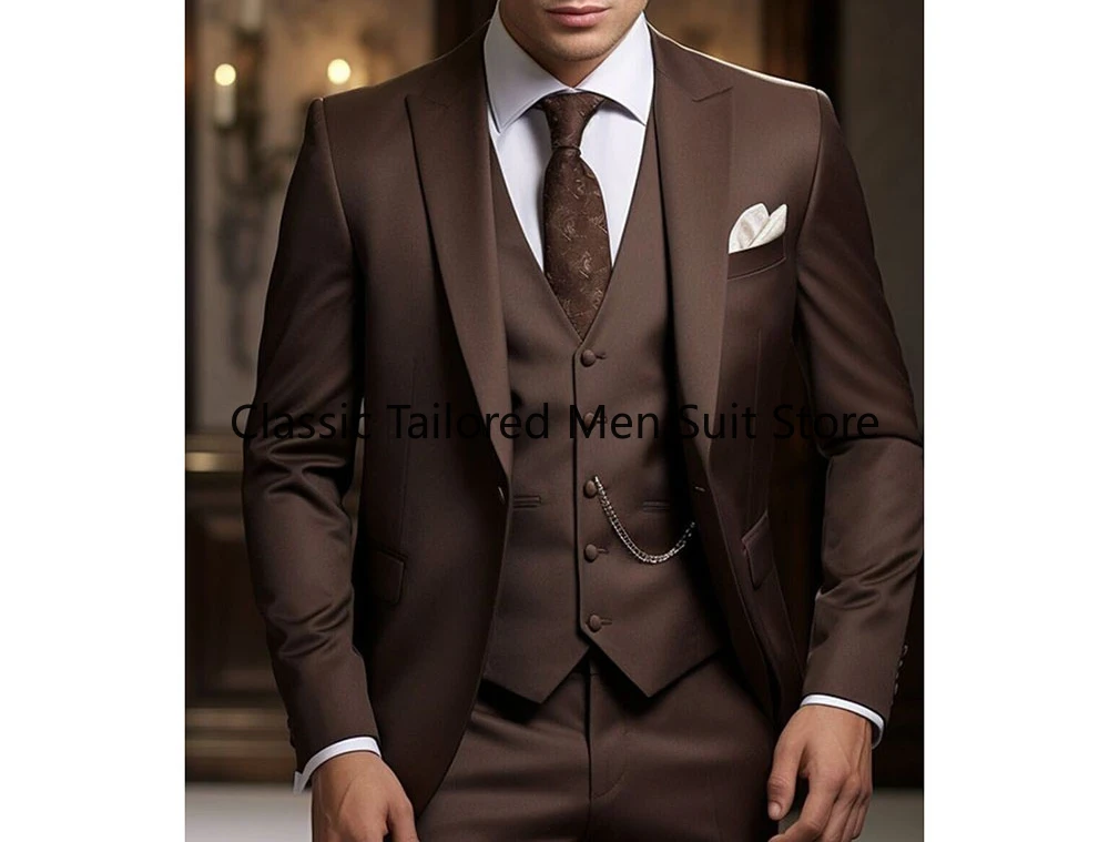 Trajes marrones de alta calidad para hombre, conjuntos completos personalizados con solapa de pico y un solo pecho, ajustados, para fiesta de graduación, chaqueta elegante, pantalones, chaleco, 3 uds.