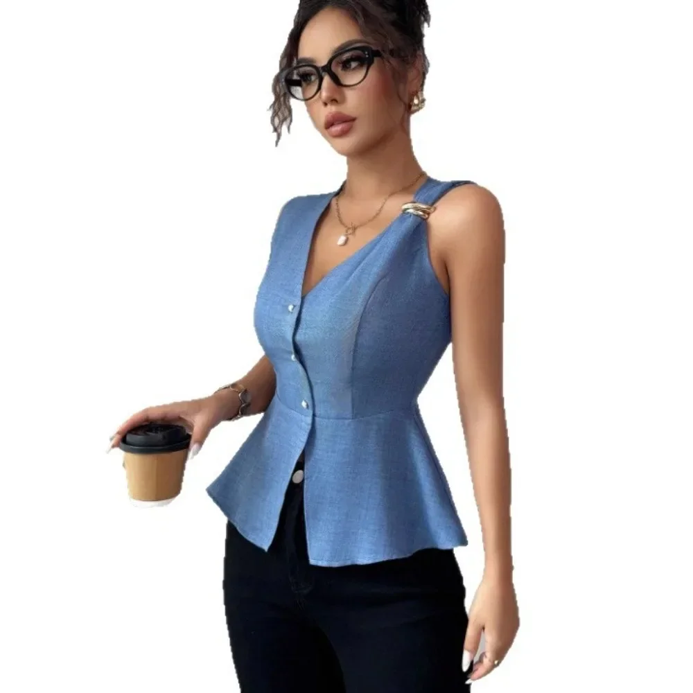 Women Minimalist Metal Buckle V-Neck Sleeveless Blouse Cinched Waist Slim Fit Casual Office Streetwear Chic Ladies Wrinkle Free