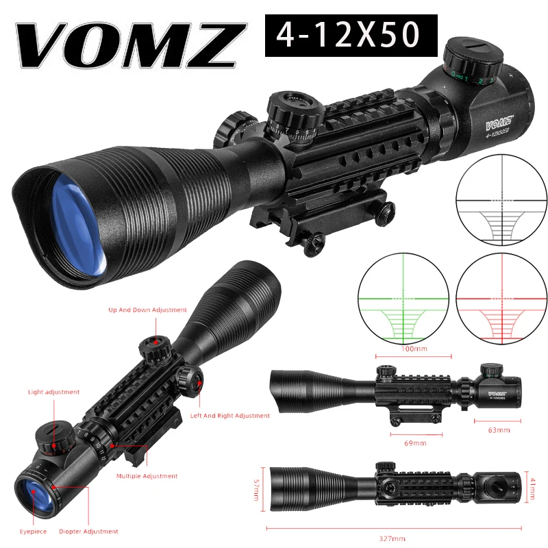 

4-12x50 Hunting Red Green Dot Scope Illuminated Rangefinder Reticle Adjustable Optics Light Tactical Scope Slideway 20mm Sight