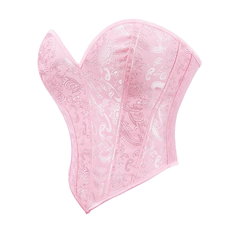 Women's Pink Brocade Overbust Corsets and Bustiers Tops Lace Up Plastic Boned Slim Body Shaper Waist Trainer Sexy Lingerie Torso