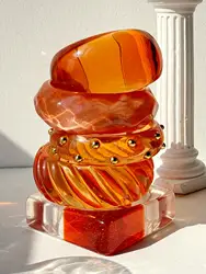 HUANQI Thick Geometric Orange Bling Gold Color Powder Splicing Chunky Resin Bangle Cuff Bracelet for Women Girls Jewelry