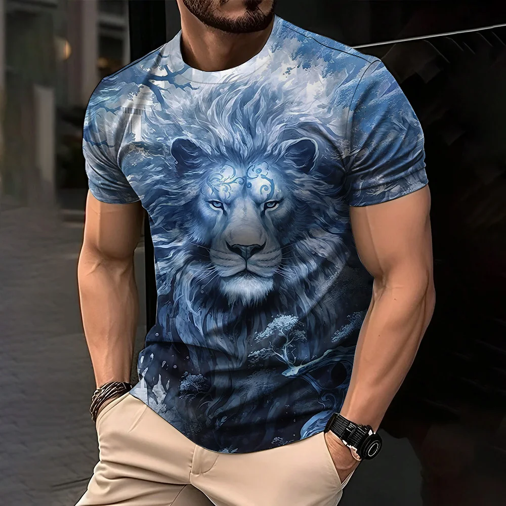 Trendy Lion Graphic Print Short Sleeve Clothing 2024 Summer O-Neck Animal 3D Printed T-shirt Oversized Men\'s Breathable T Shirts