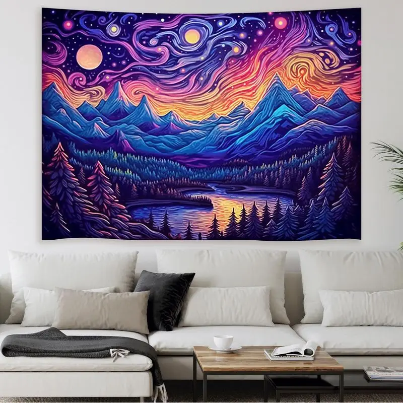 VIKAMA Van Gogh Starry Night Mountain Lake Wall Tapestry Blue Purple Swirl Sky Pine Tree Water Reflection Oil Painting Bedroom