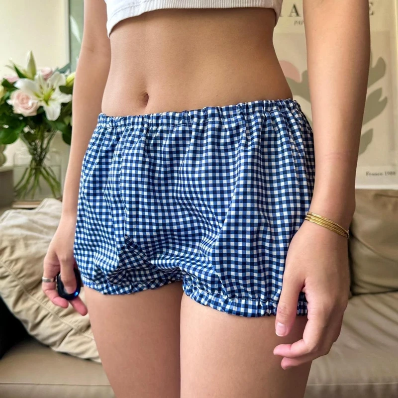 Kawaii Low Waisted Micro Shorts Gingham Slim Fit Bubble Pumpkin Pants Y2K Aesthetic Vintage Cute Mini Shorts Lounge Pajamas