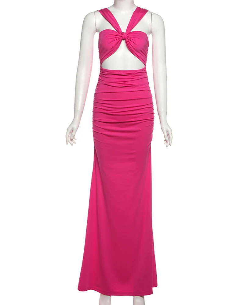 Bizarre chat Sexy creux Maxi robe femmes col en v épaules nues froncé maigre pêche hanche minuit mode bal fête élégante robes
