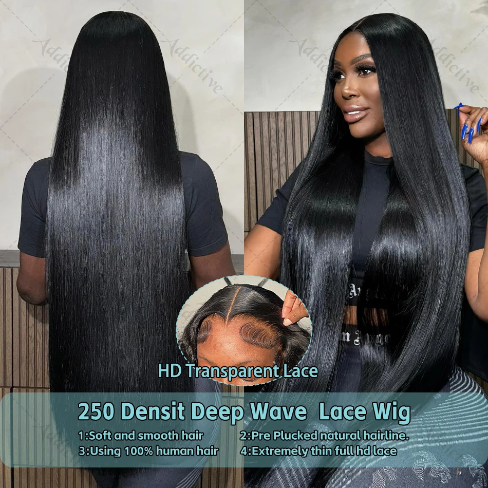 Peruca frontal brasileira do laço de Remy para mulheres, perucas retas do cabelo humano do osso, parte dianteira transparente do laço, 250 densidade, 13x6, 13x4, 30 ", 40"