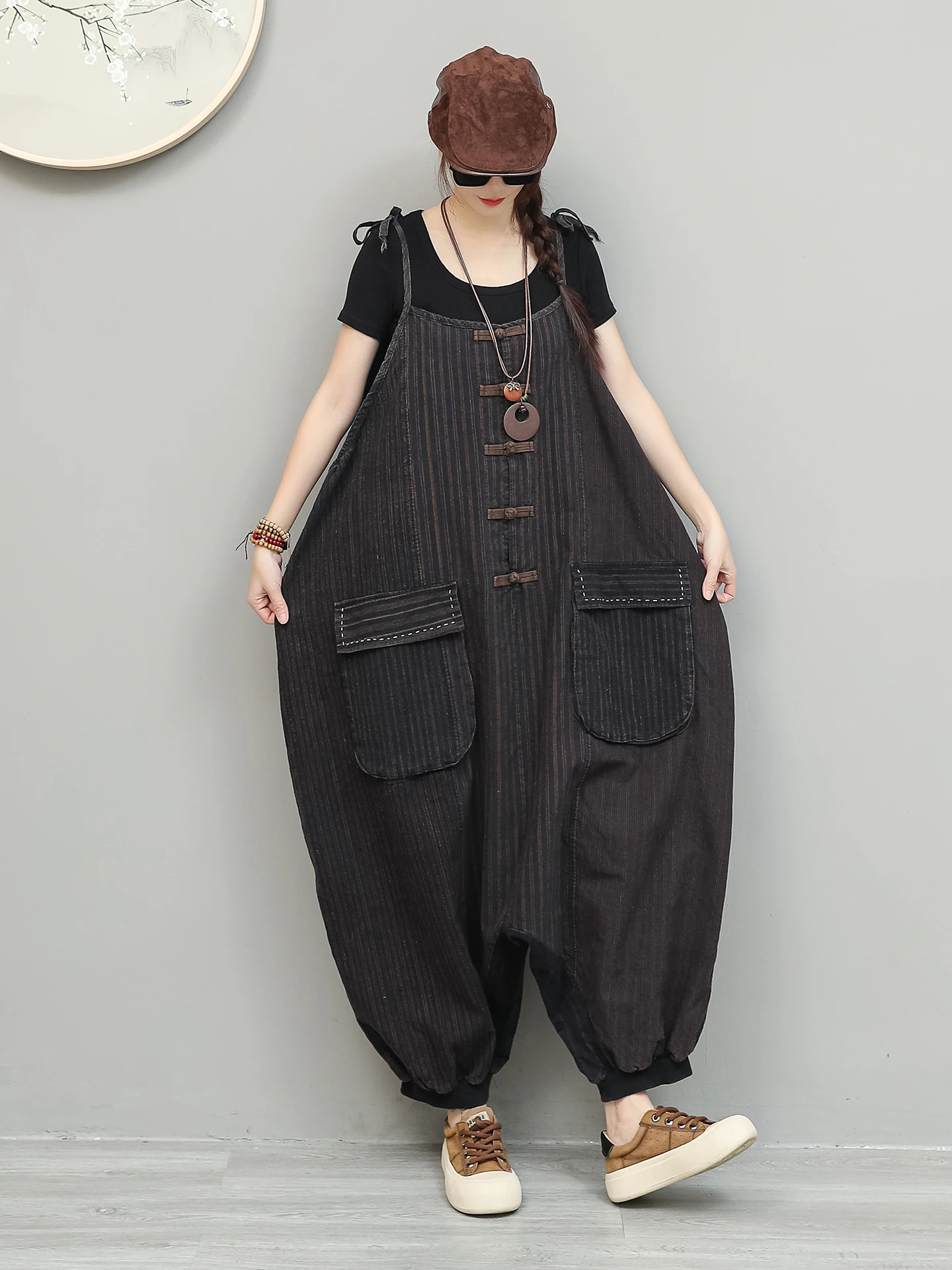 Vintage-style Simple Old Fabric Overalls Women 2026 Summer New Loose Large Pockets Suspender Jumpsuit LX5770 - Image 2