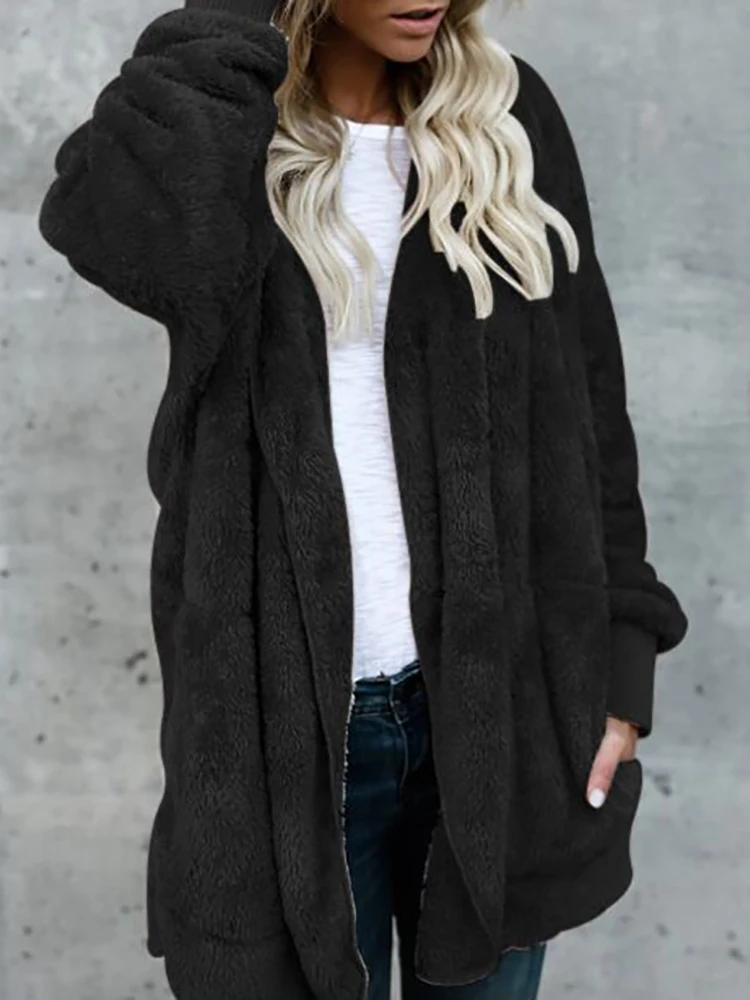 Solid Color Winter Hoodie for Women 2024 Casual Fashion Elegant Style Long Sleeve Temperament Commuting Coat