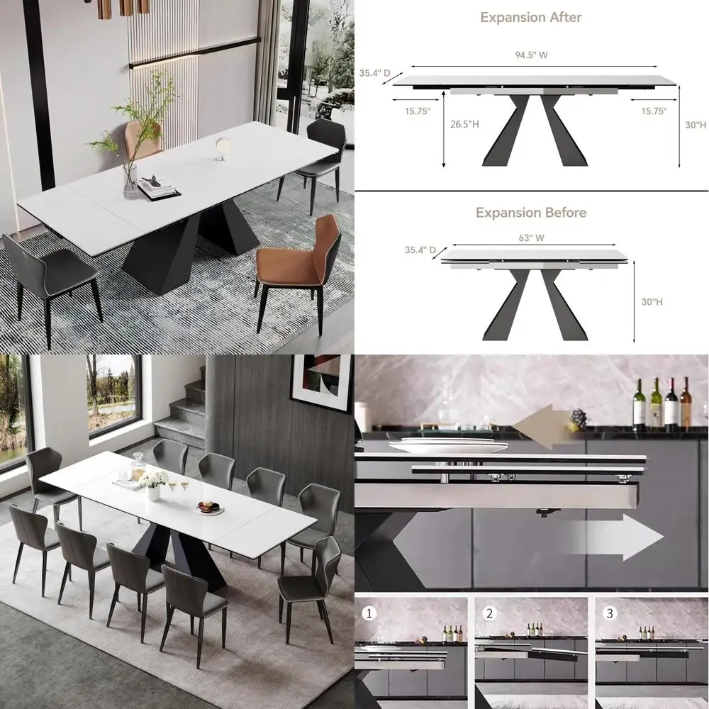 

Expandable Dining Table for 8-12 People, Adjustable Size, Rock and Tempered Glass Top, Strong Carbon Steel Base