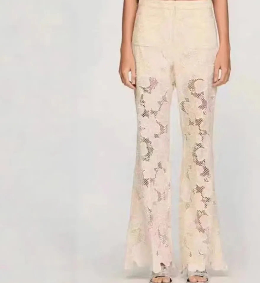 

Women Set Embroidery Hollow Out Irregular Ruffle Edge Short Shirt + High Waist Midi Skirt + Ladies Pants