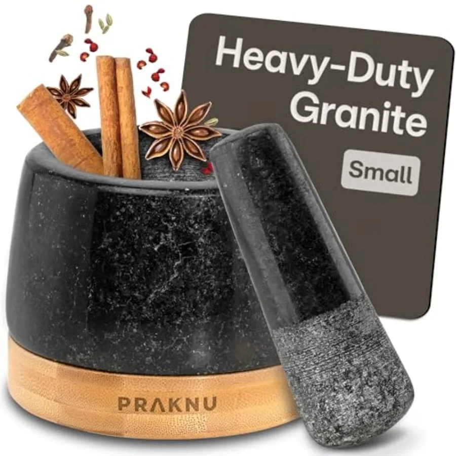 

Набор из мелкого ступка и пестика для специй и трав - Прочный гранитный измельчитель на 1 чашку с нескользящим деревянным основанием - Долговечный каменный дизайн