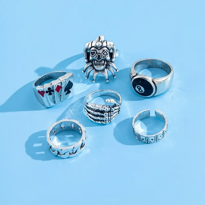 6 Piece Set Poker Clown Rings for Men Vintage Punk Skull Head Ghost Claw Fashion Ring For Women Unisex Motor Biker Ring ring