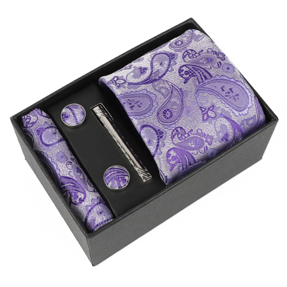 Luxury 100% Silk Paisley Mens Tie Set with Gift Box Pocket Square Tie Clip Cufflinks Classic Formal Business Wedding Party