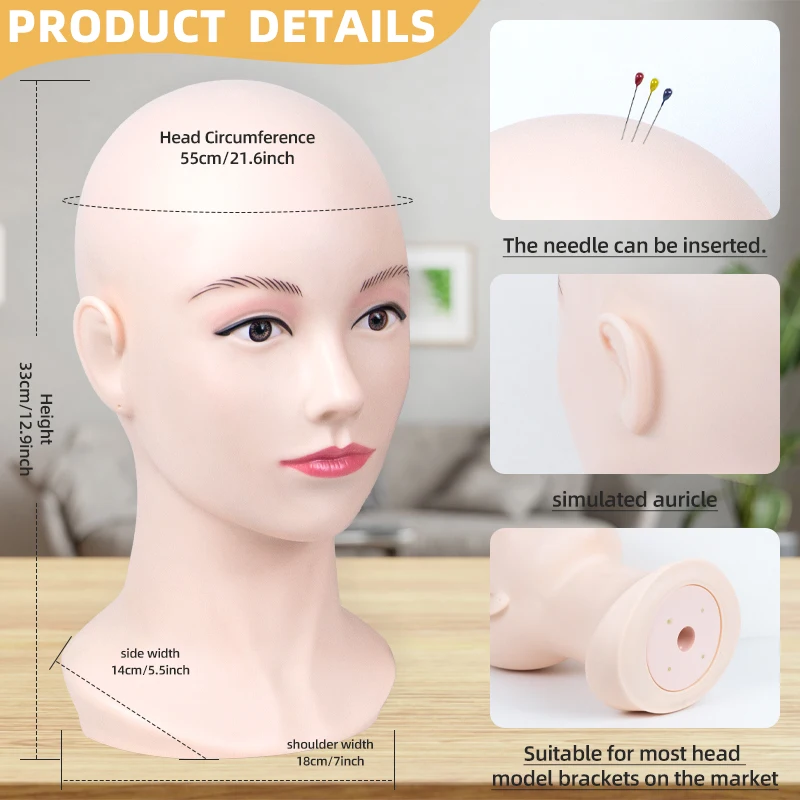 رأس أصلع نسائي من CHUAN SHANG يقلد البشرة الحقيقية، لمسة ناعمة، ملحقات قابلة لإدخال الدبوس، قبعة، رأس عارضة أزياء لعرض الشعر المستعار