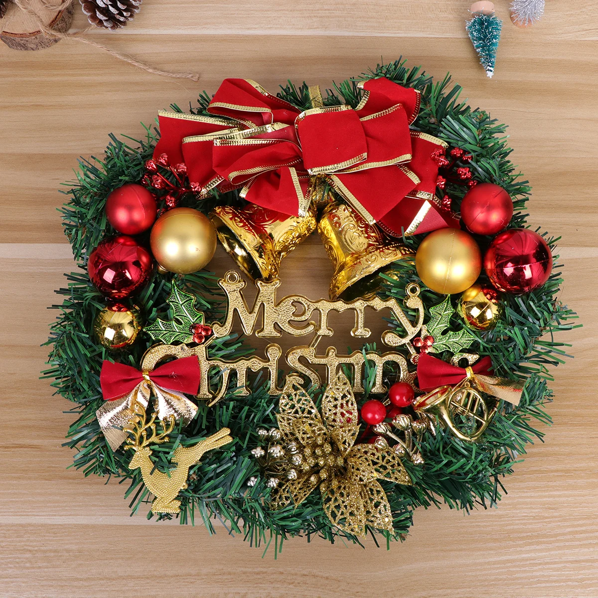 

1Pcs Christmas Garland Rattan Wreath Plastic Cloth with Shiny Xmas Ball Suitable for Door Wall Fireplace