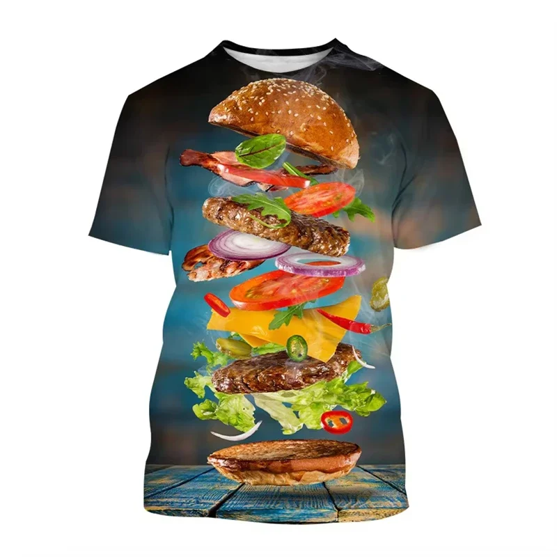 Hamburg Pommes Frites Grafik T-Shirt Herren 3D-Druck Lustiges Essen T-Shirt Kinder Sommer Kurzarm Freizeit Rundhals T-Shirt – Detail 6