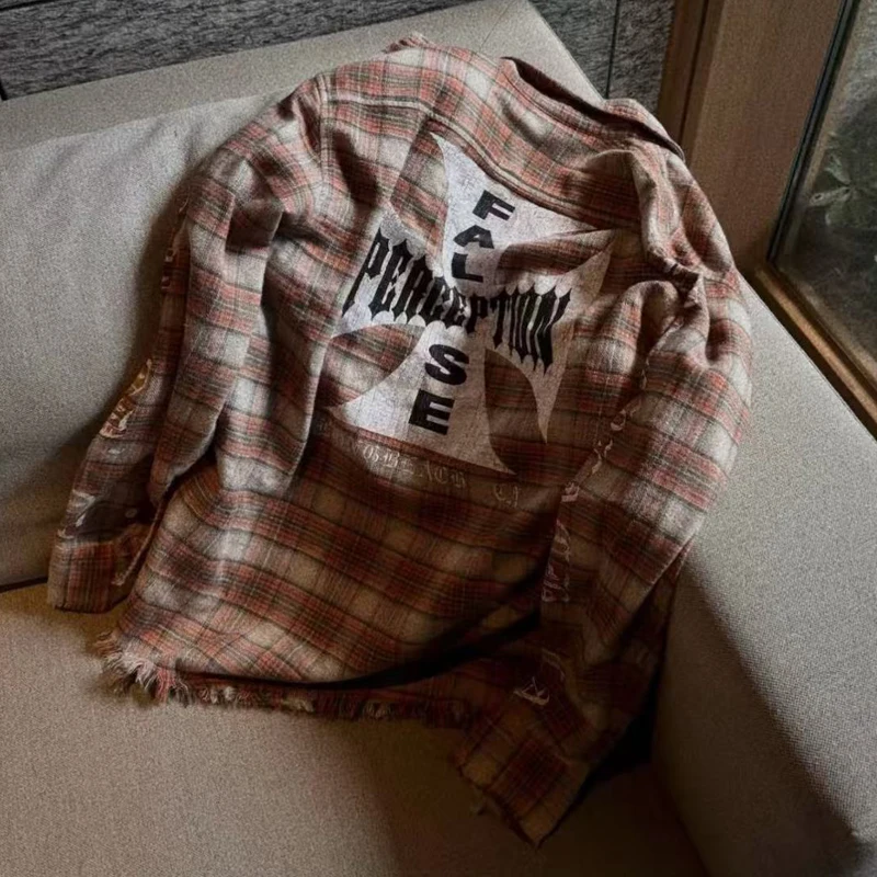 الرجال فحص قميص غير رسمي الخريف جديد التلبيب زر سترة الساحل الغربي المروحيات الرجعية غسل شرابة كل مباراة تي شيرت