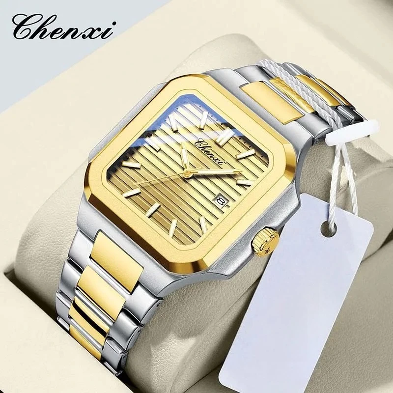 CHENXI 8266 ساعة كوارتز رجالية فاخرة مستطيلة للأعمال تاريخ تلقائي مقاوم للماء حزام من الفولاذ المقاوم للصدأ ساعات عصرية للرجال