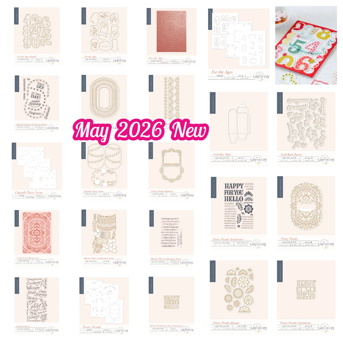 

New Greetery Pretty Picado Sentiments Borders Arch Box Mini dies Stamps Stencil DIY Scrapbook Holiday Greeting Card May 2026 New