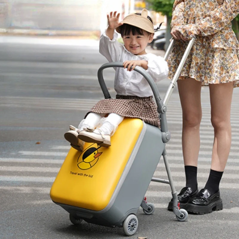 New Kids luggage, cartoon travel suitcase on wheels can sit down, with guardrail and large capacity carry on  trolley suitcase