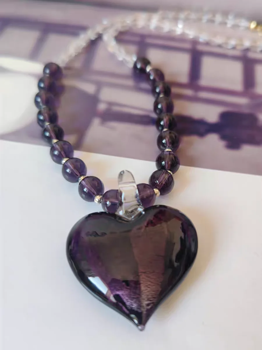 New Vintage Handmade Murano Lampwork Glass Dark Purple Heart Liuli  Pendant With Beads Chain Necklace Jewelry