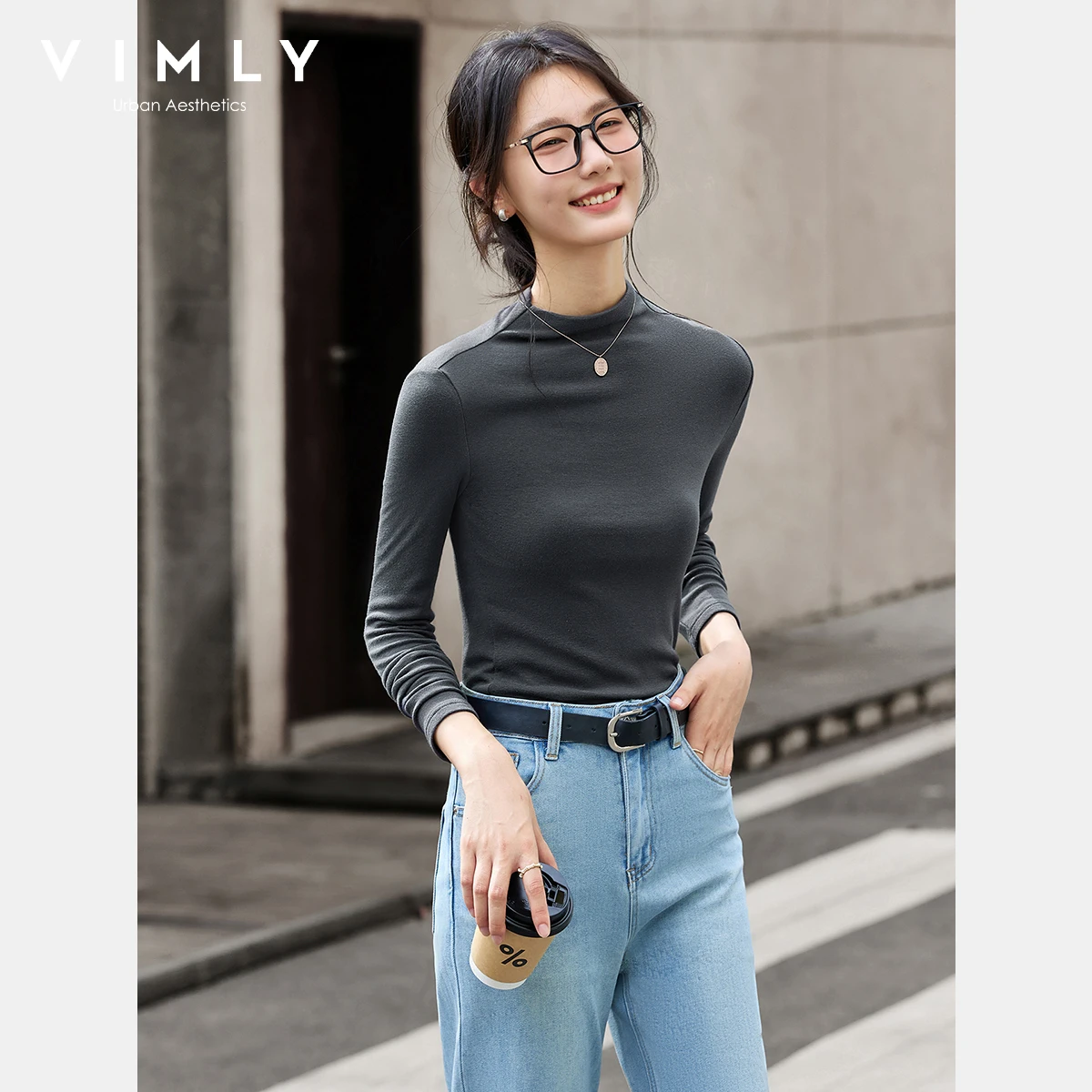 VIMLY 여성 긴 소매 티셔츠 캐주얼 자수 커프스 만다린 칼라 여성용 탑 가을 2025 니트 슬림 여성 티셔츠 A2503