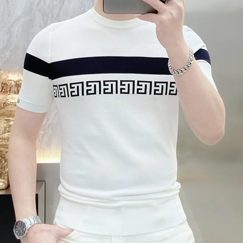 Knitted Short Sleeved Men\'s 2023 Summer New Striped Jacquard Slim Fitting Thin Round Neck Versatile Half Sleeve Ice Silk T-shirt