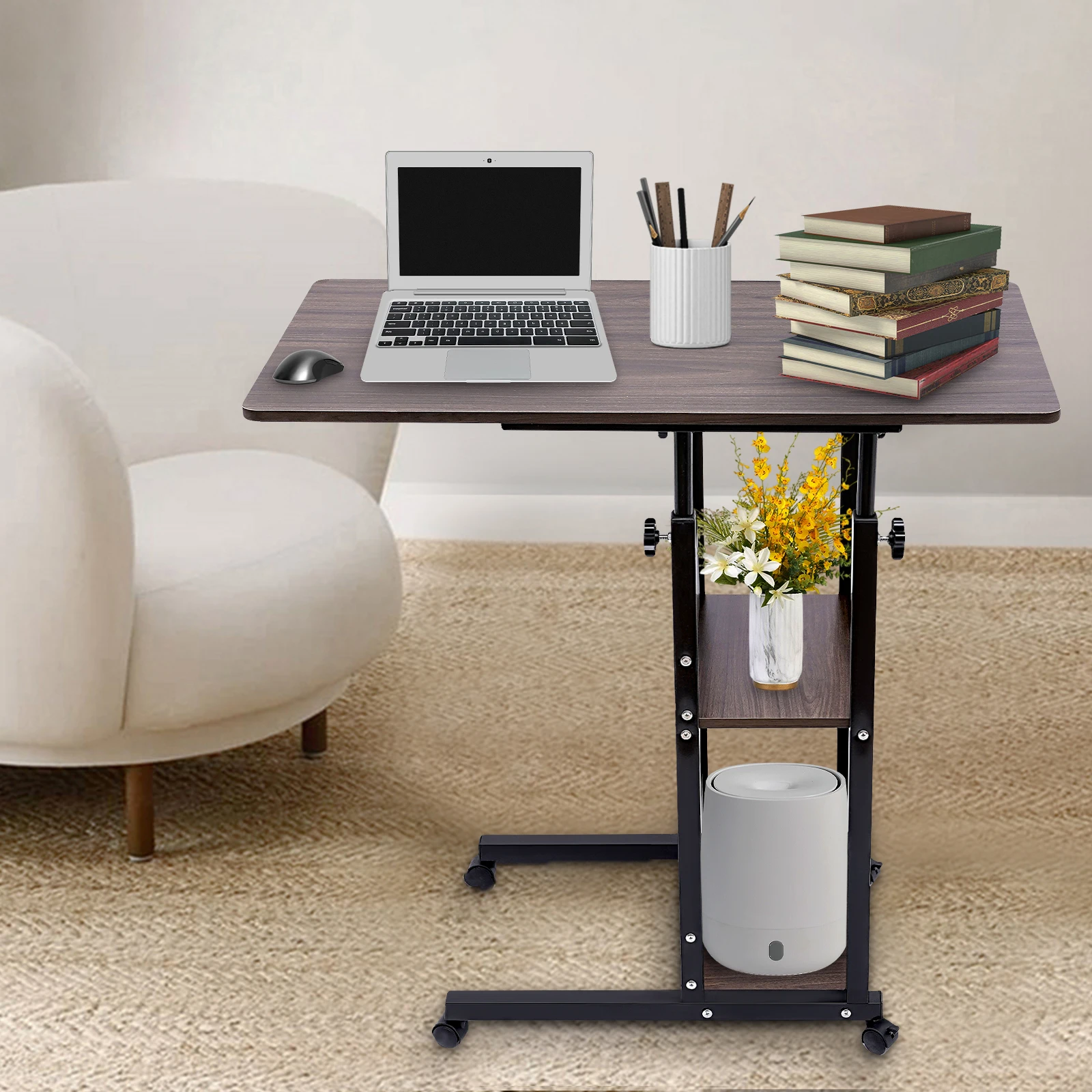 Adjustable C-Shaped Side Table, 3-Tier Mobile Desk with Locking Wheels, 26.8-33.5" Height for Laptop & Bedside Use