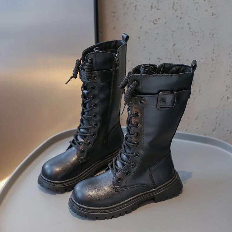 الفتيات أحذية طويلة أسود الركبة عالية 2025 الخريف الشتاء الأطفال أحذية عالية المد سستة موضة العلامة التجارية الجديدة دراجة نارية للأطفال الأحذية #2