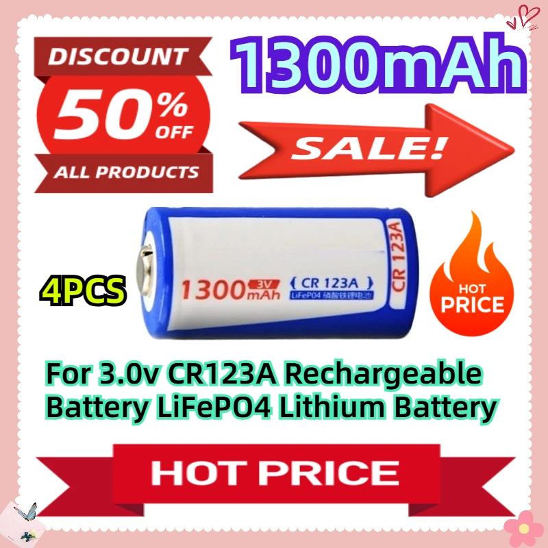 

4PCS 1300mAh For 3.0v CR123A Rechargeable Battery LiFePO4 Lithium Battery