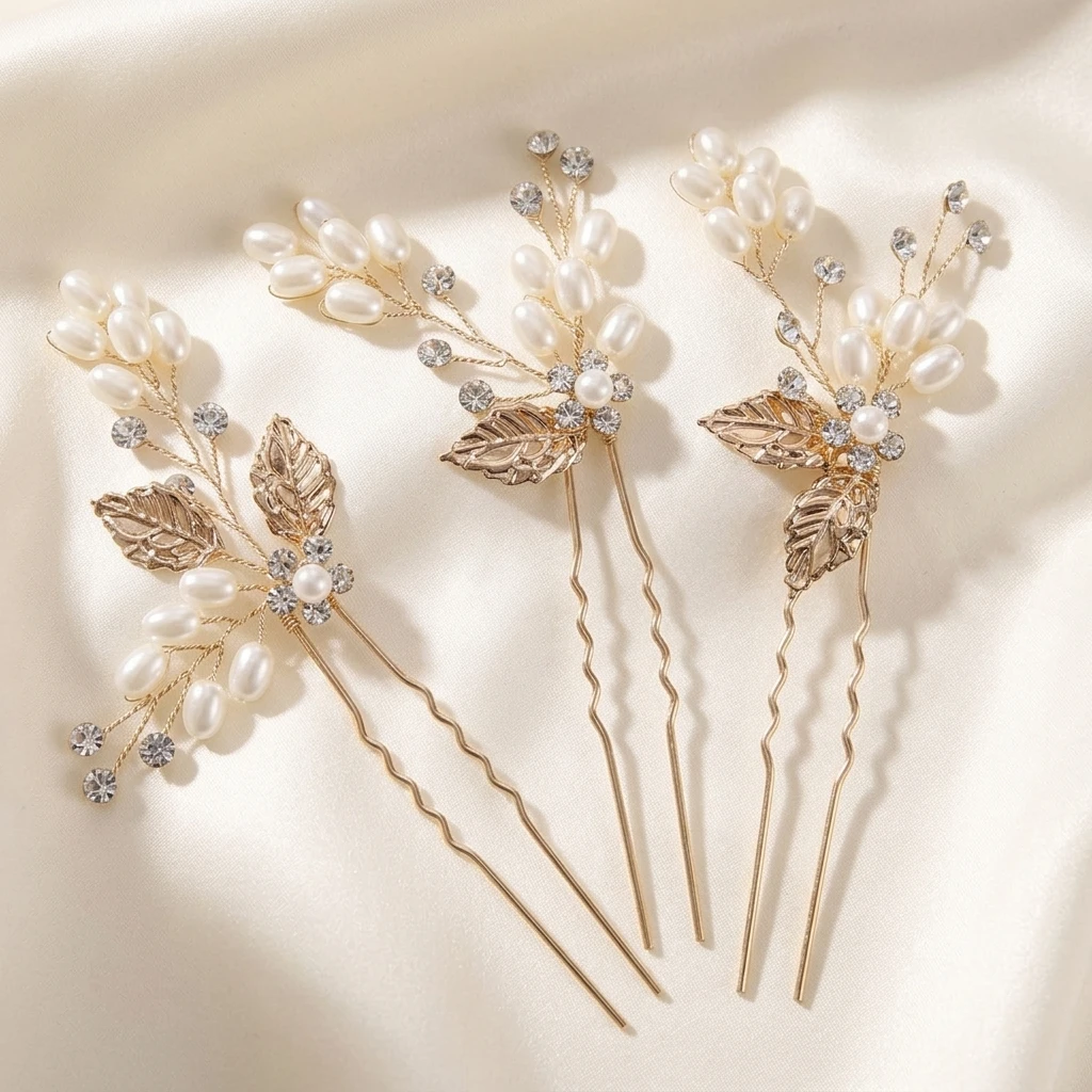 Gold Leafs Pearl Crystal Bridal Hairband With Matching Hairpins Secure Elastic hair pins For Wedding Ceremony Photography Bride