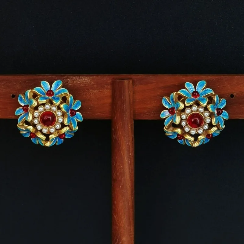 

Fashion Ruby Stone Mini White Glass pearl Blue Gradient Enamel Colorful Ball Flower Earrings Temperament Retro Women's Earring