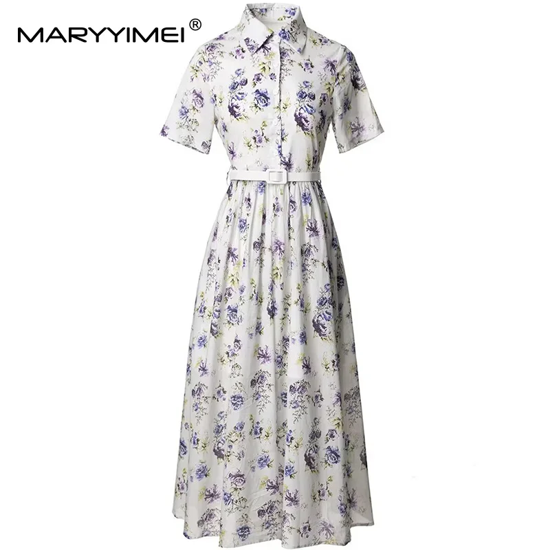 

MARYYIMEI Cotton Vintage Women's Dress Turn-Down Collar Lace-Up Single-Breasted Elegant Print Fashion Short Sleeve Dresses