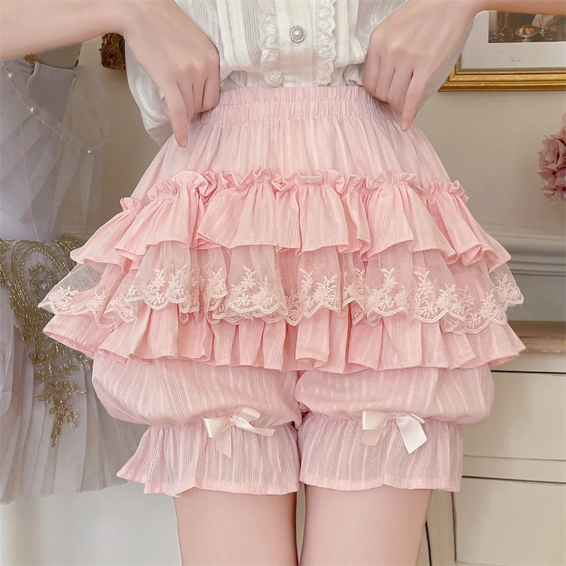 Bloomers Women Cute Ruffle Mini Shorts with Lace Trim Ribbon Bow Elastic Waist Tiered Ruffle Skort Soft-Girl Lolita Jirai Kei