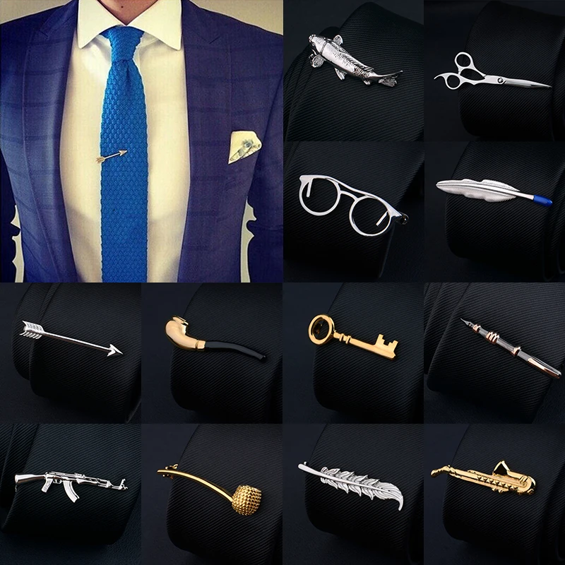 Fashion Tie Clip Bar Necktie Pin Clasp Clamp For Men Party Pipe Pen Key Glasses Leaf Feather Male Charm Gifts Shirts Tie Clips