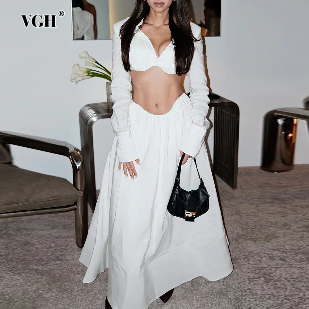 

VGH Casual Slimming Solid Two Piece Sets For Women V Neck Long Sleeve Top High Waist Skirt Sexy Summer Party Set Female Fashion