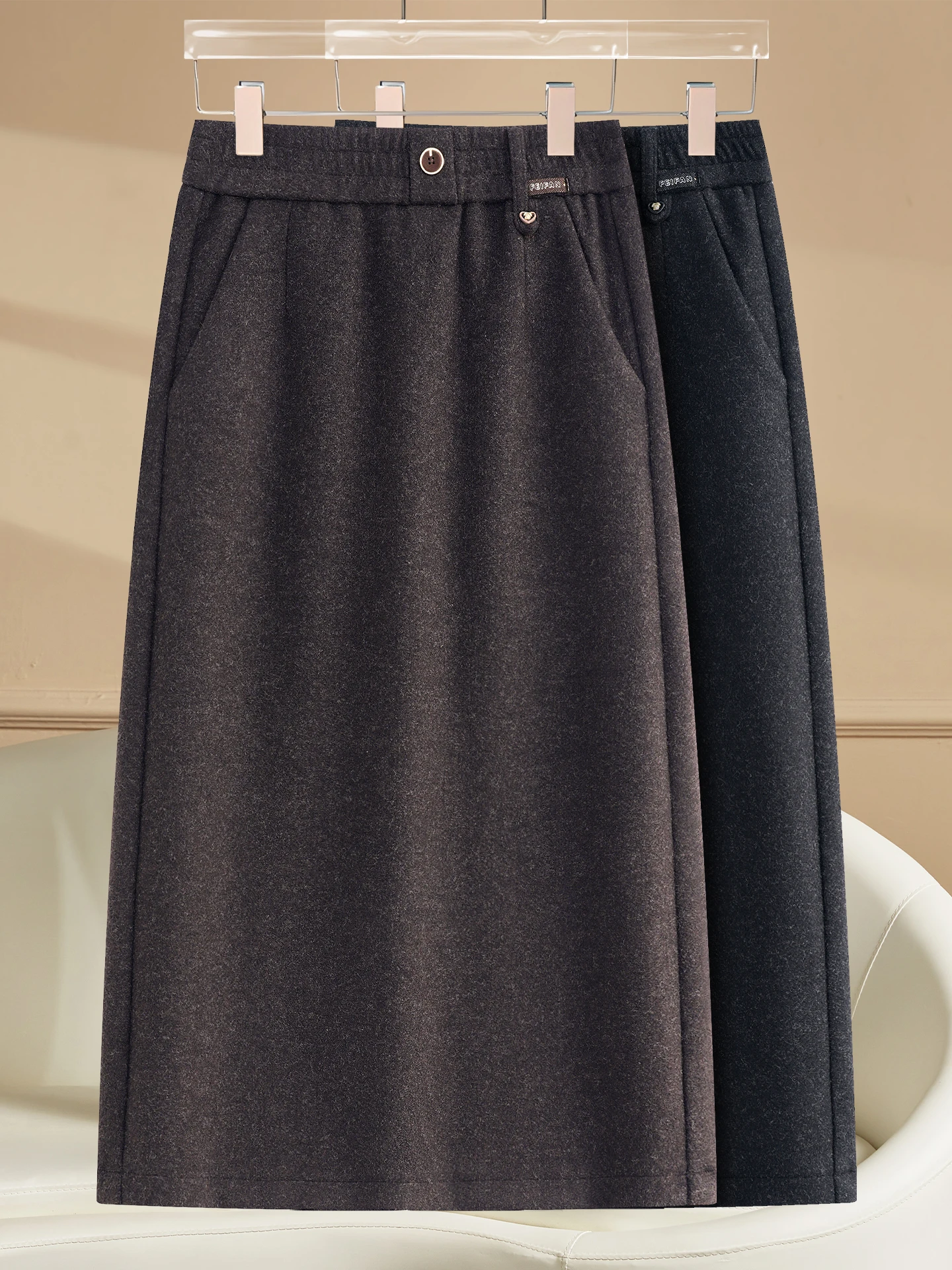 

High Waist A-Line Skirt Women's Autumn Winter Thickened Woolen Elastic Waist Casual Style Step-In Skirt Slimming Effect