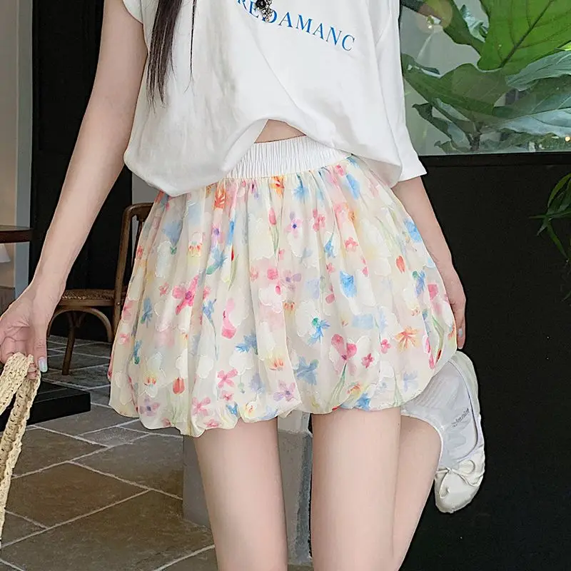 Summer Petite Women Floral Ice Silk Skort Wide Leg Loose Bubble Skirt Shorts Casual Anti‑Exposure Floral Print Daily Bottoms