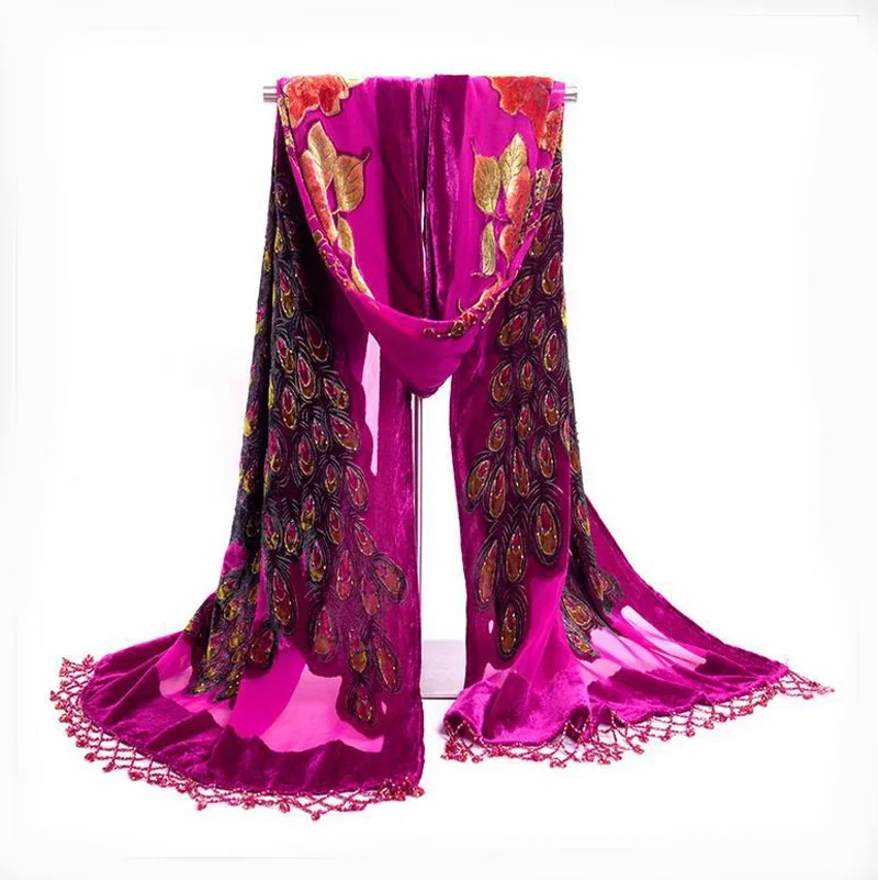 Gray Handmade Beaded Embroidery Shawl Scarf Chinese Style Women Velvet Silk Scarves Peacock Flower Wrap Tassels Bufanda NP058