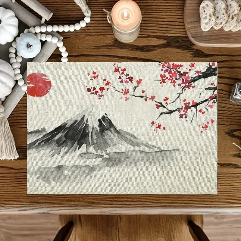 

4/6/8Pcs Snow Mountain Red Sun Cold Plum Pattern Placemats Cotton Linen Washable Farmhouse Tablemats for Indoor and Outdoor Use