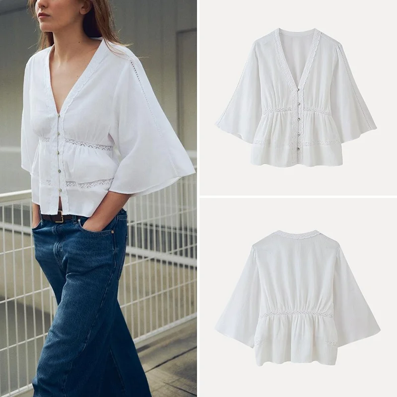 

Ele Loose V-Ne irt Spring 2025 Vertical Ruffle Decorated Women's Faion irt Z Polyester Fiber 00% Pure Color