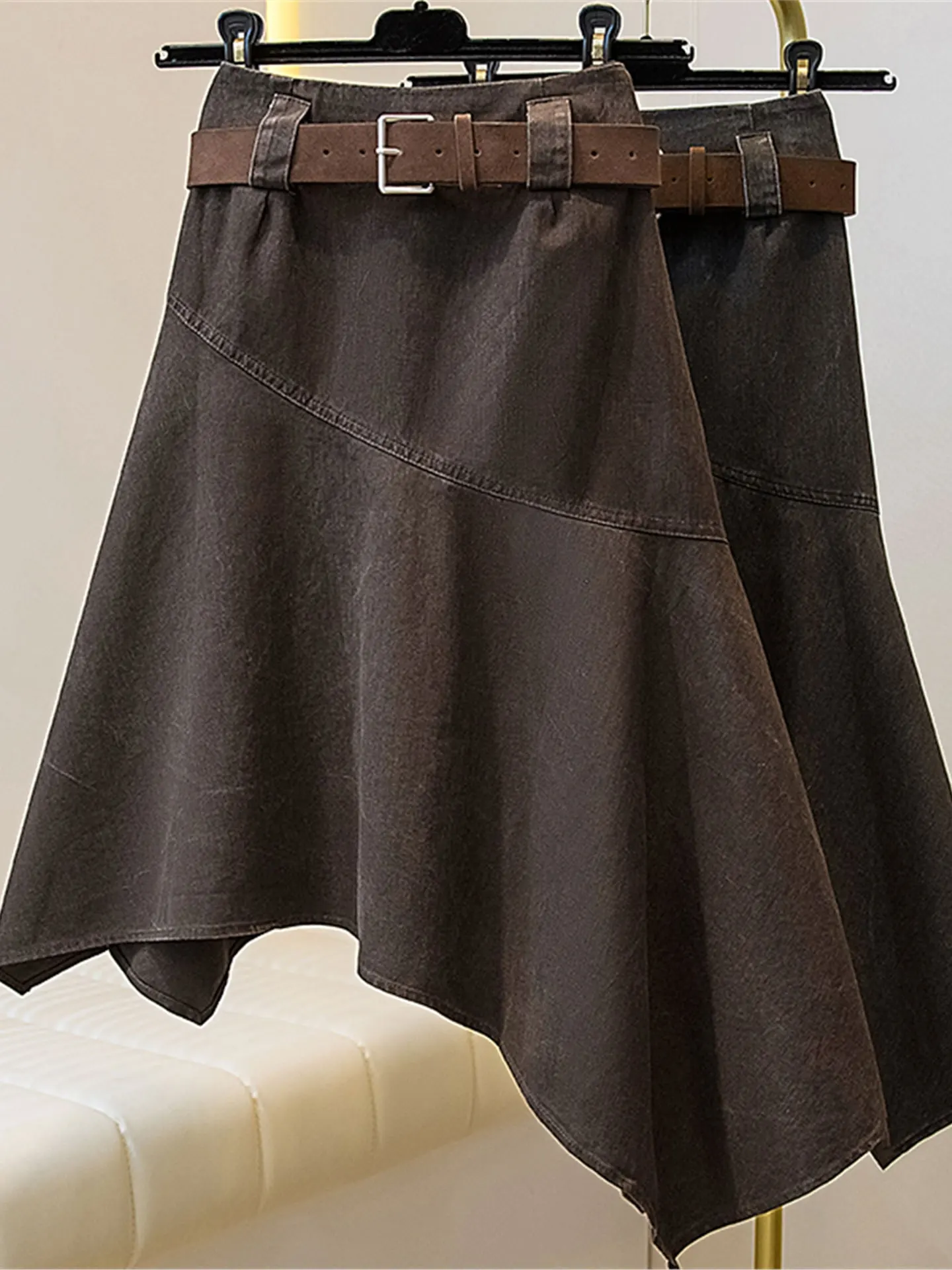 

Джинсовая юбка трапециевидной формы с высокой талией для женщин, повседневная джинсовая юбка больших размеров, хиппроекция цвета, осенне-зимняя модная юбка