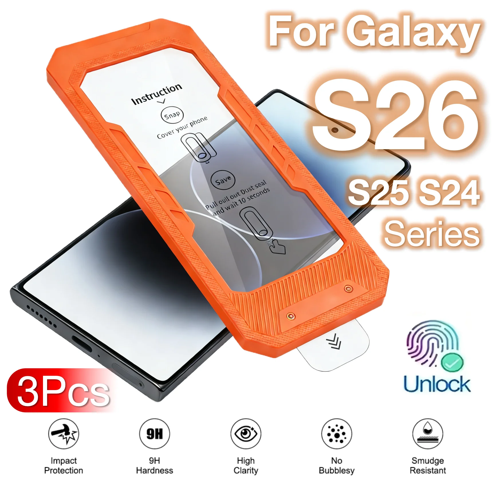 

3Pcs For Galaxy S26 S25 S24 Ultra Plus Edge Tempered Glass Screen Protector 9H No Dust Mobile Accessories fingerprint