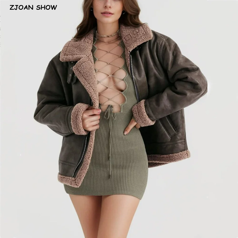 

2024 Autumn Winter Faux Leather Lamb Fur Coat Army Green Women Lapel Belt Hem Long sleeve Furry Keep Warm Jacket BF Outerwear