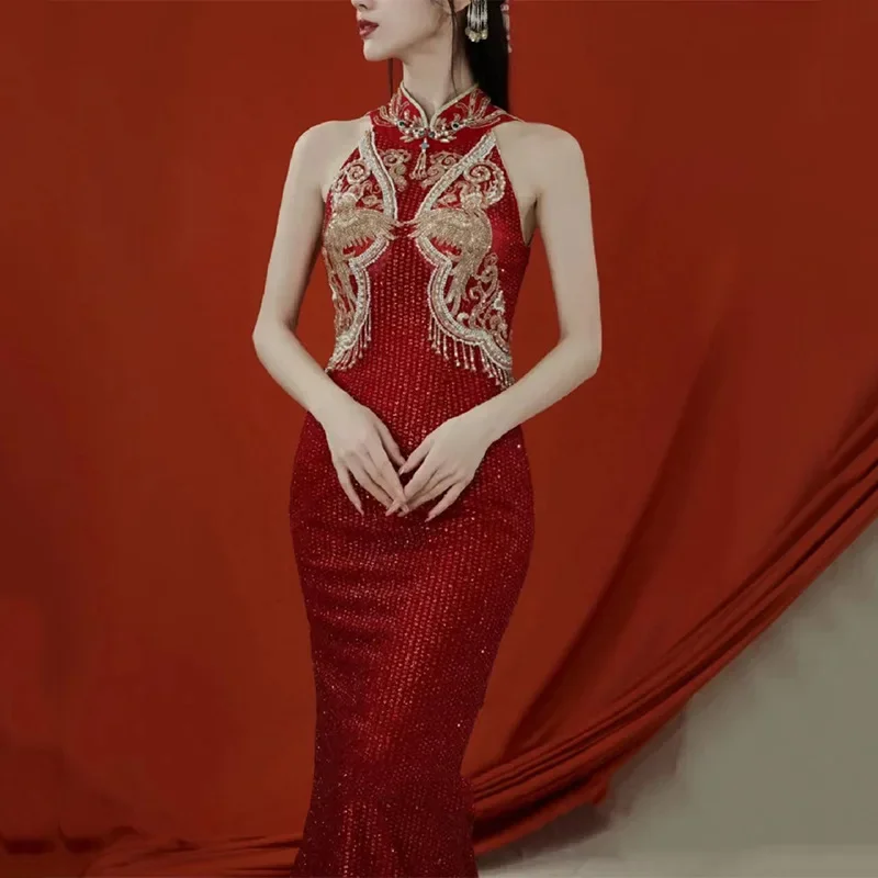 Chinese Lady Qipao Evening Party Dress Burgundy Sequins Mandarin Collar Banquet Dress Sexy Luxury Tailing Formal Party Dress