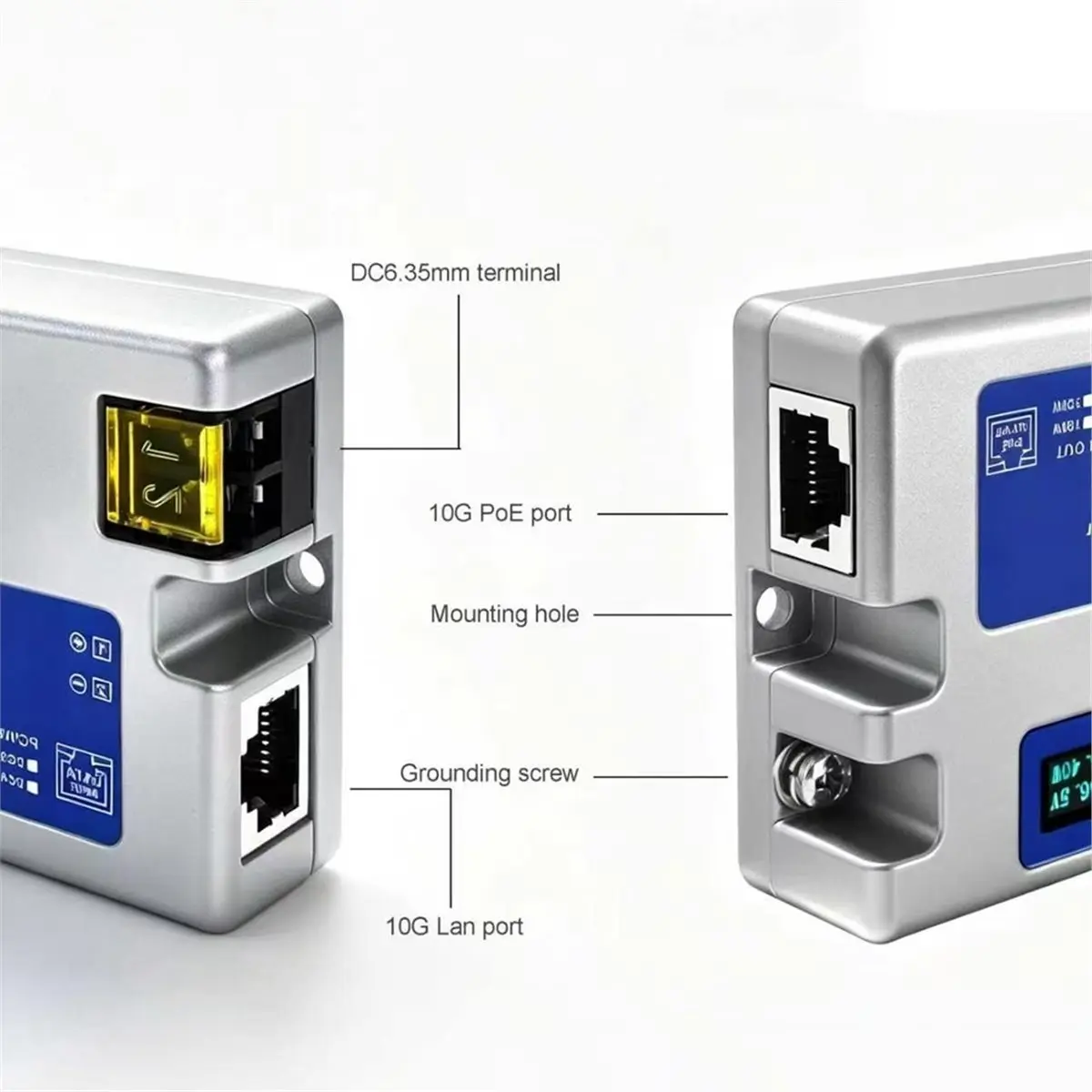 【~ New Y24A】For 10Gbe Industrial POE Injector with OLED Display 48-57V Input DC 10KV Surge Protection 320W