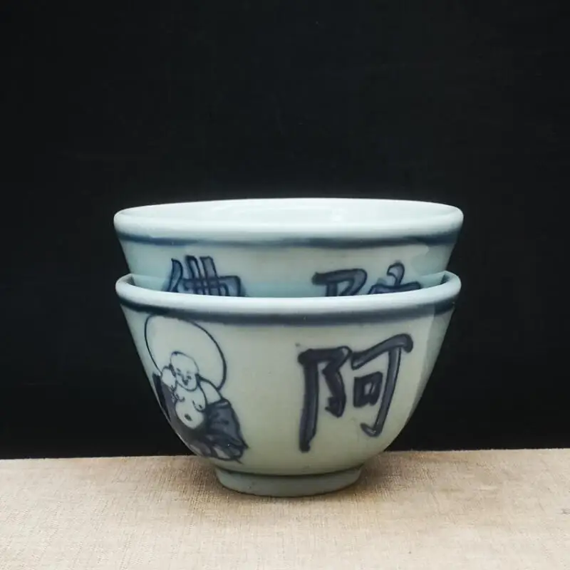 Classical Blue and white Amitabha Buddha pattern tea cups a pair of antique ceramic folk art collectibles handicrafts ornament