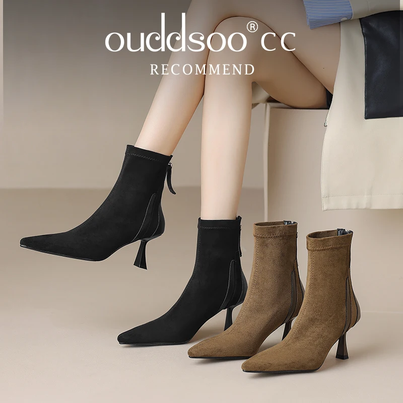 Ods Luxury Sexy Brand Autumn Winter Heel Boots Women Pointed Toe Metal Buckle Decor Elastic Stretch Short Booties Ankle Boots 42